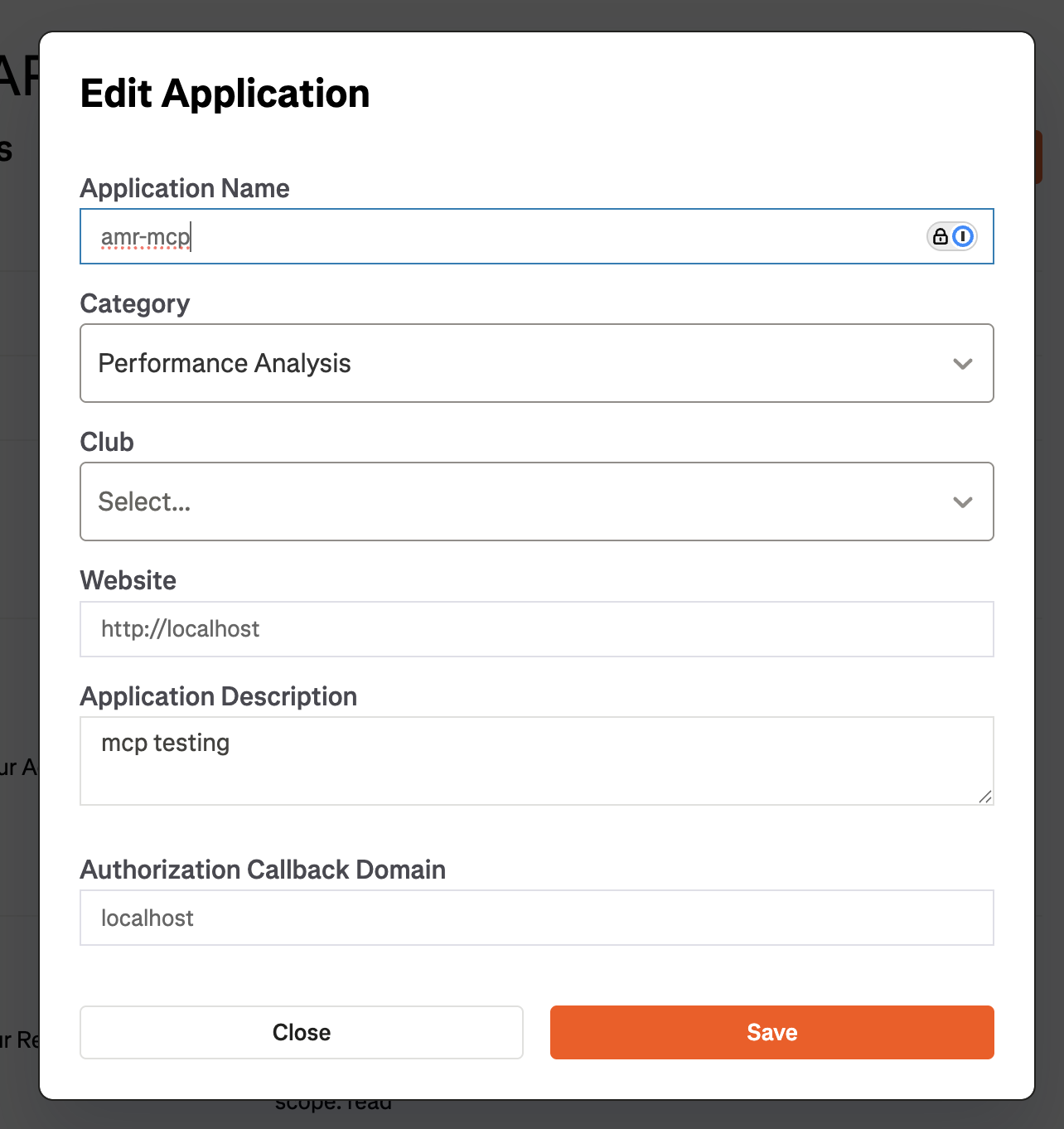 Strava API application setup screen