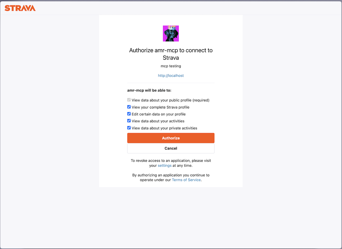 Authorize Strava MCP screen