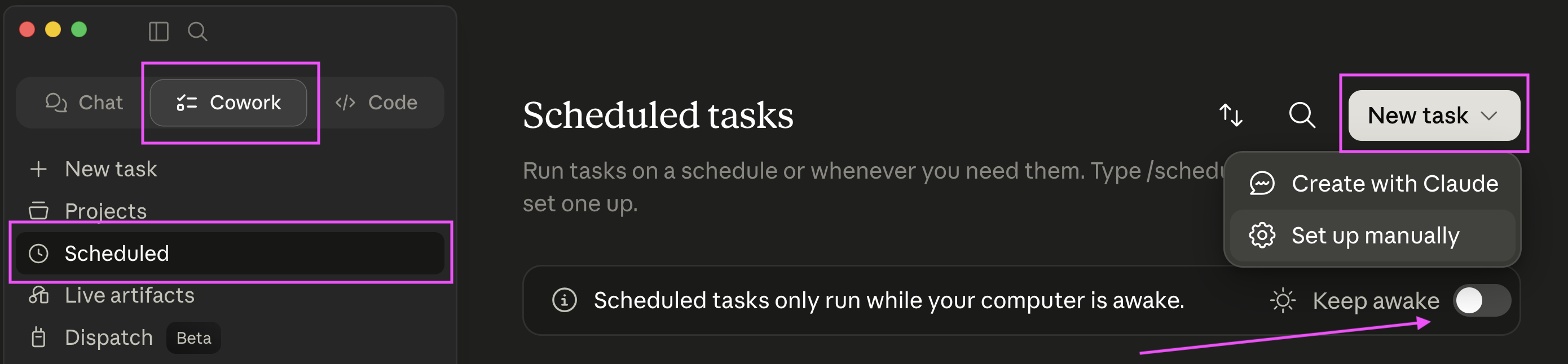 Where to access scheduled tasks in Claude Cowork