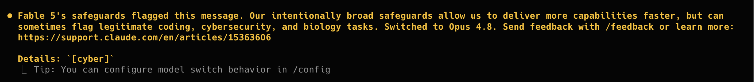 Fable 5 safeguard message flagging the network scan as a cybersecurity task