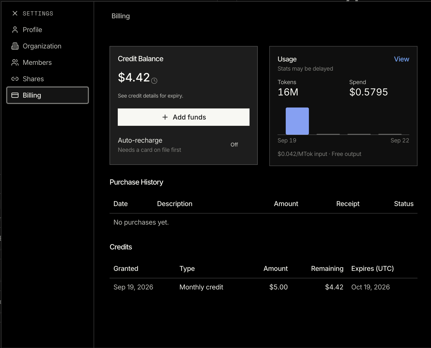 TypeSafe billing page showing 16M tokens used for $0.58 of a $5 monthly credit