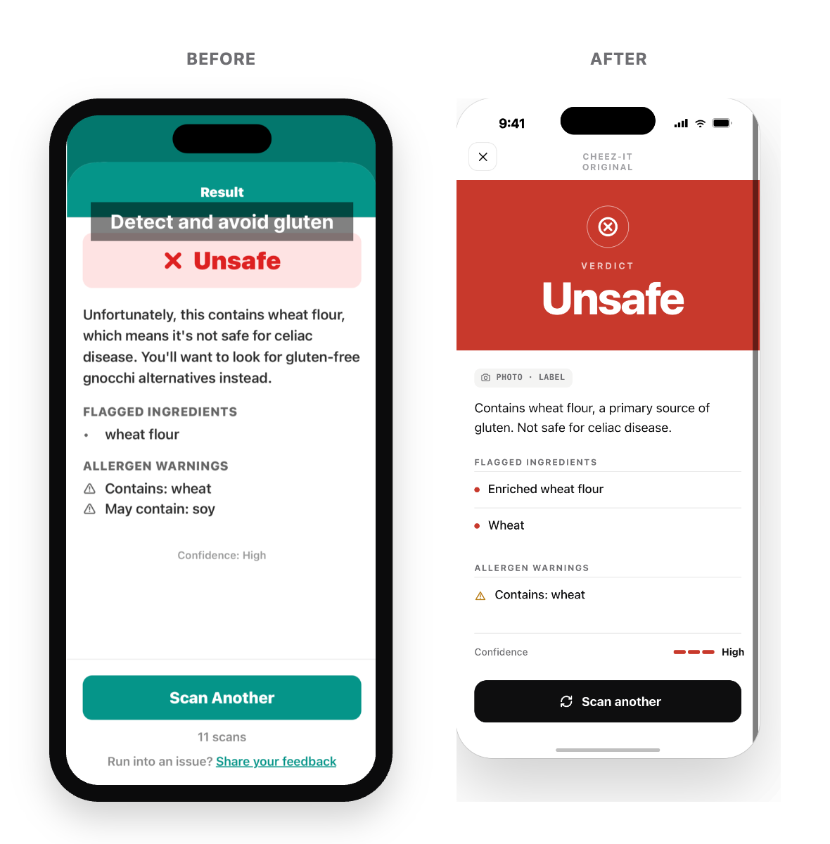 The old teal result screen next to the new neutral one with a full-bleed red Unsafe verdict