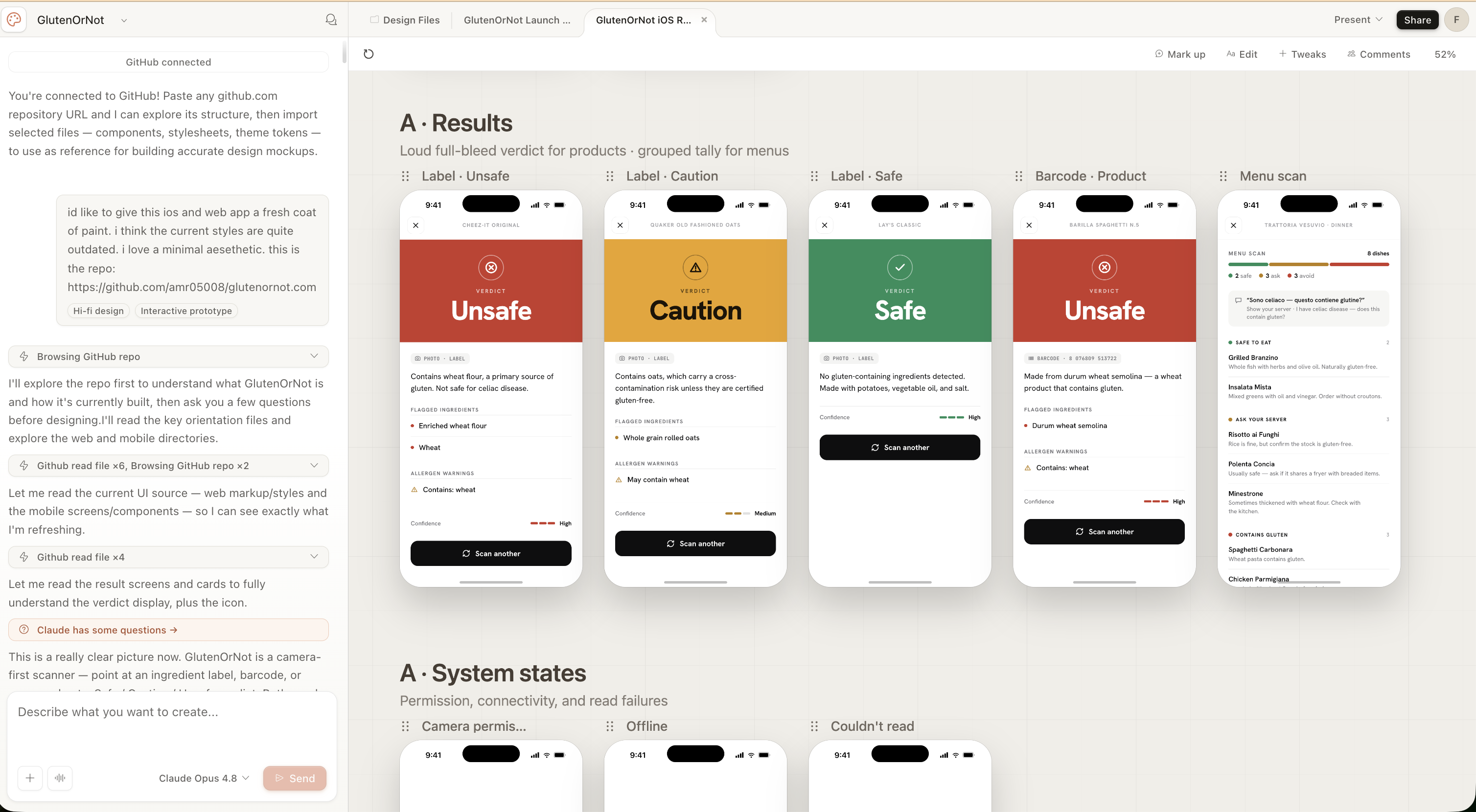 The Claude Design canvas showing interactive design directions across the scan and result flow and all three verdict states