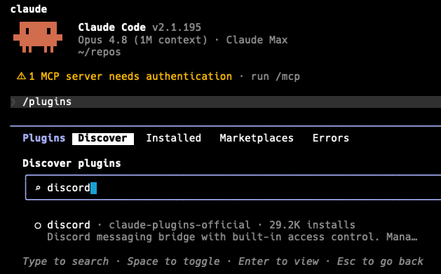 You can find the Discord plugin in Claude Code