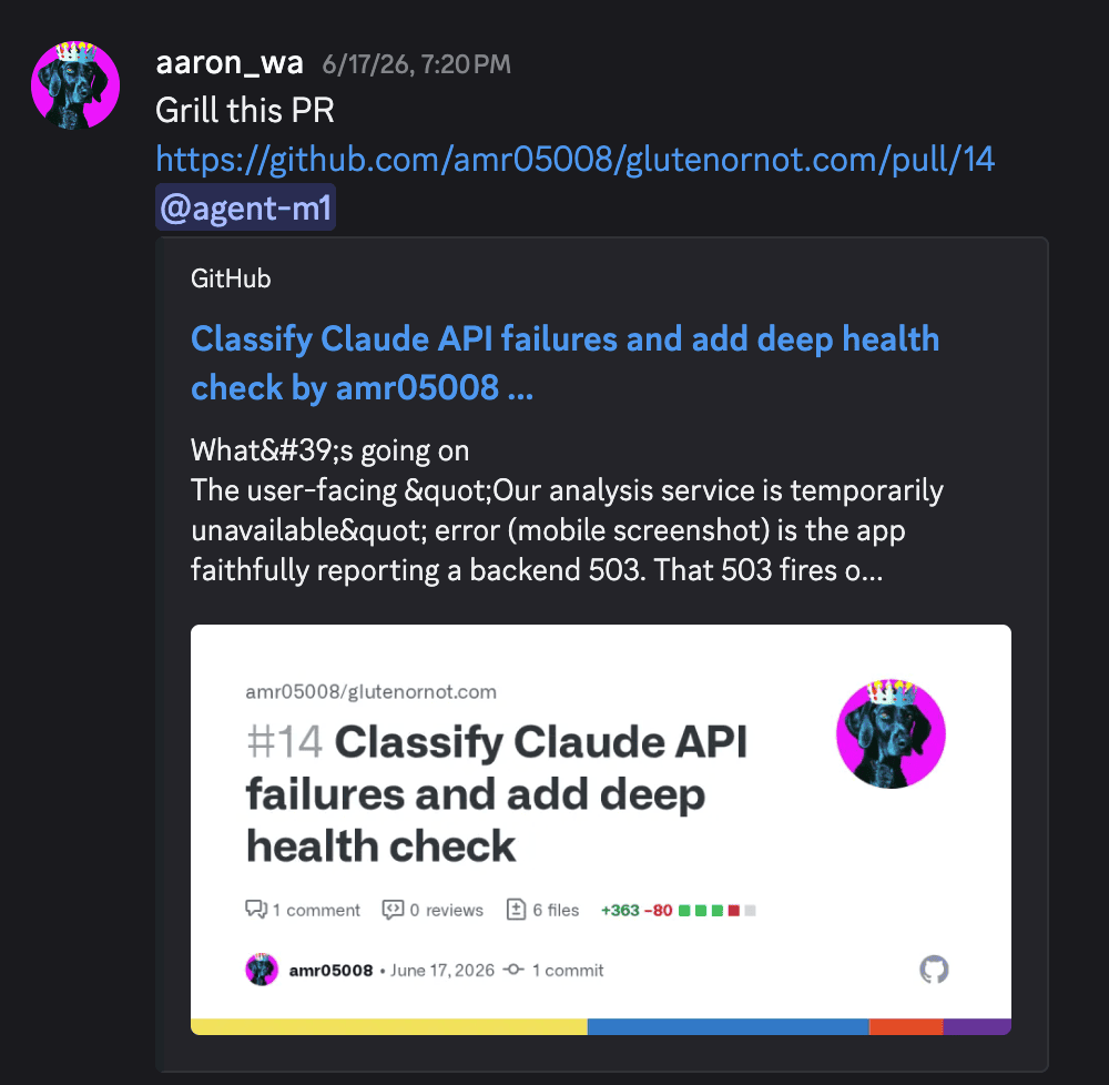 One agent reviewing a PR created by another agent