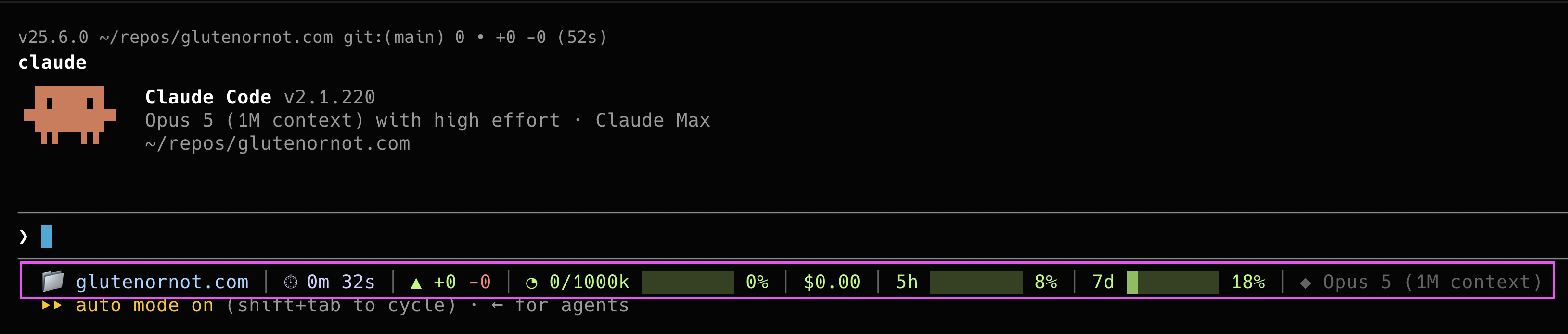 My Claude Code status line on a fresh session, showing cost, model, and context usage