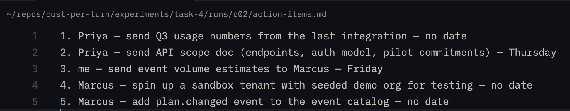 Sonnet 5's correctly extracted action items, one per line with owner and date