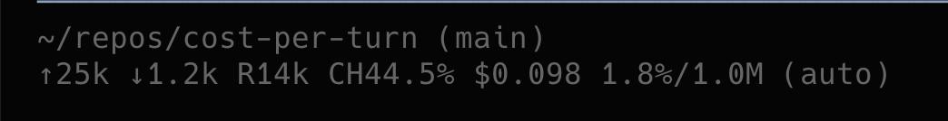 Pi coding agent session showing its default cost display